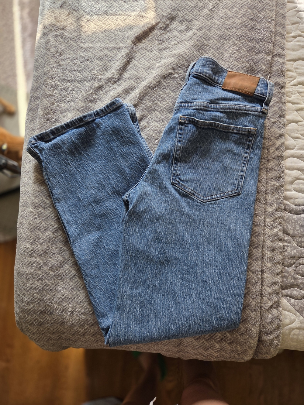 J. Crew Medium Blue Denim Jeans with Brown Leather Patch